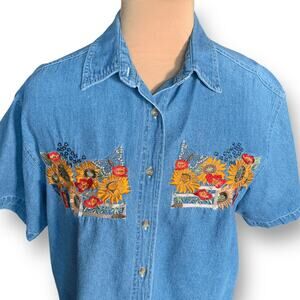 Vintage 90s Chambray Denim Shirt Blue Floral Embroidered Sunflower Butterfly Top